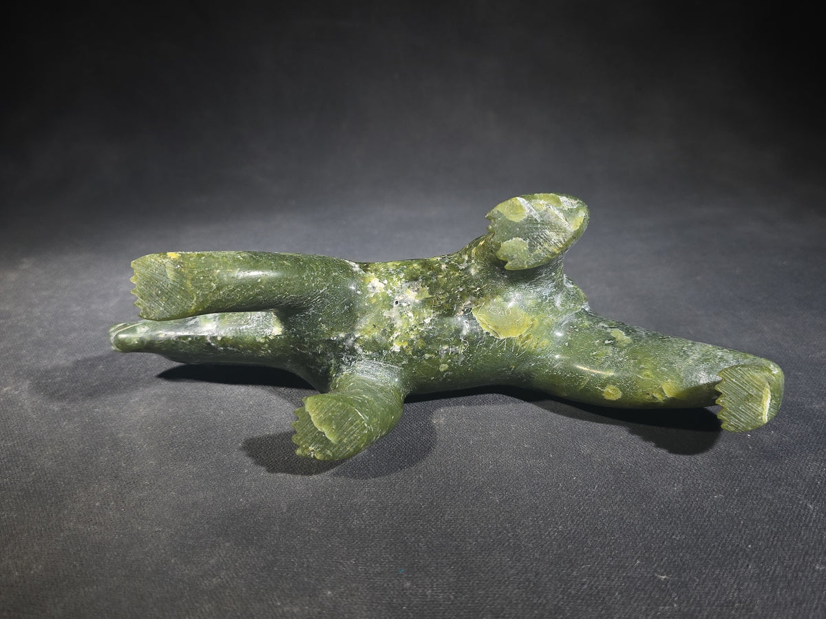 Vintage Inuit Carved Green Soapstone Walking Polar Bear, Signed Pauloosie Adamie