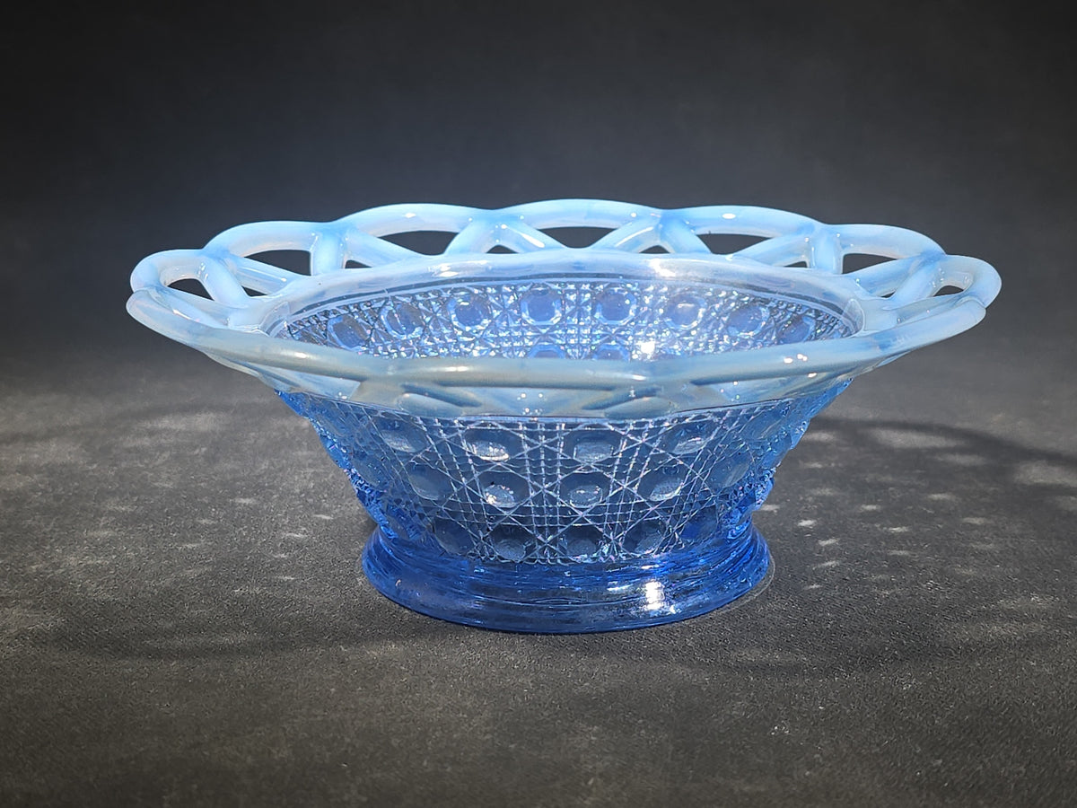 Vintage Blue Pressed Glass Bowl with Open Lace Edge