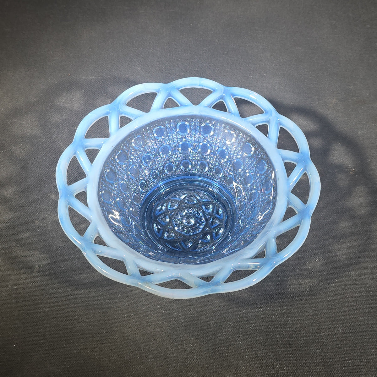 Vintage Blue Pressed Glass Bowl with Open Lace Edge