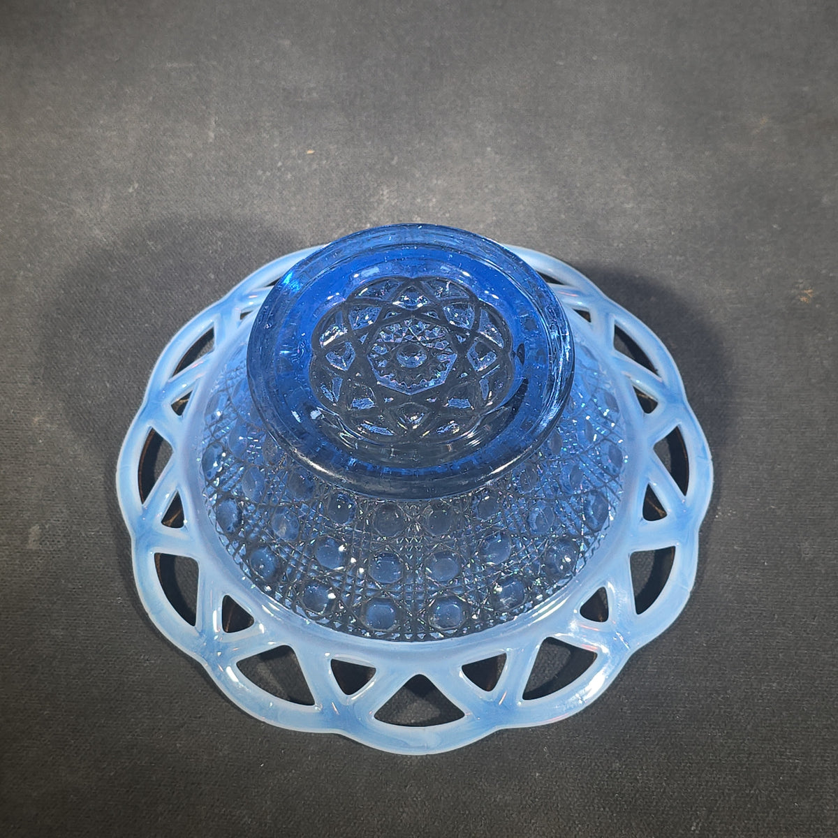 Vintage Blue Pressed Glass Bowl with Open Lace Edge