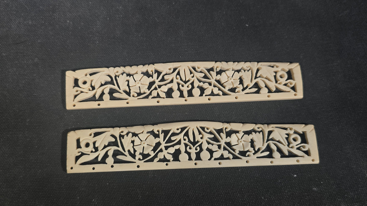 Vintage Carved Bone Fan Sticks with Pierced Floral and Foliate Openwork in Case, Made in China