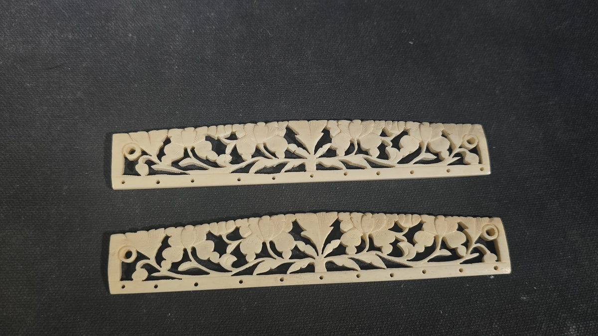 Vintage Carved Bone Fan Sticks with Pierced Floral and Foliate Openwork in Case, Made in China