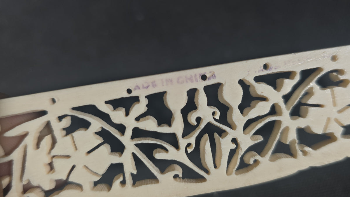 Vintage Carved Bone Fan Sticks with Pierced Floral and Foliate Openwork in Case, Made in China