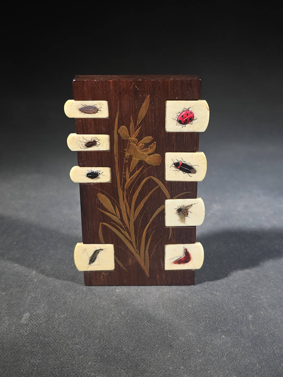 Antique Japanese Shibayama-Style Inlaid Wood Whist Marker with Hand-Painted Insect Tablets and Iris Inlay