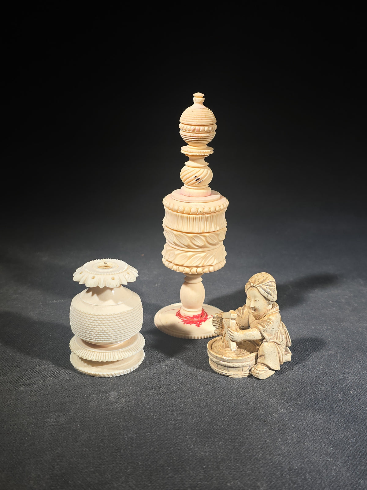 Trio of Vintage Carved Faux Ivory Pieces including Turned Finial, Lidded Vessel, and Figural Netsuke-Style Carving