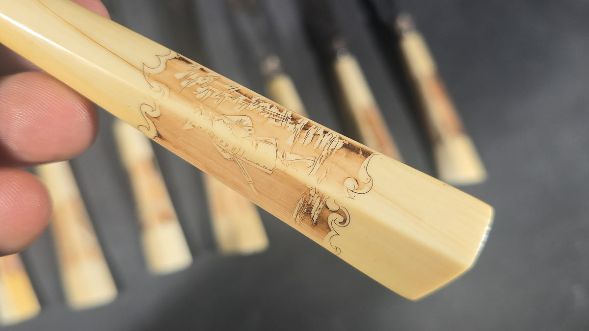 Grouping of Nine Antique Engraved Fish Knives and Forks with Carved Bone Handles Depicting Animals and Landscape Scenes, Marked J.H. Potter, Sheffield