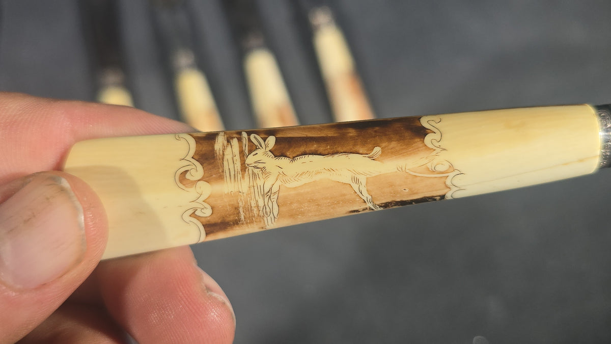 Grouping of Nine Antique Engraved Fish Knives and Forks with Carved Bone Handles Depicting Animals and Landscape Scenes, Marked J.H. Potter, Sheffield