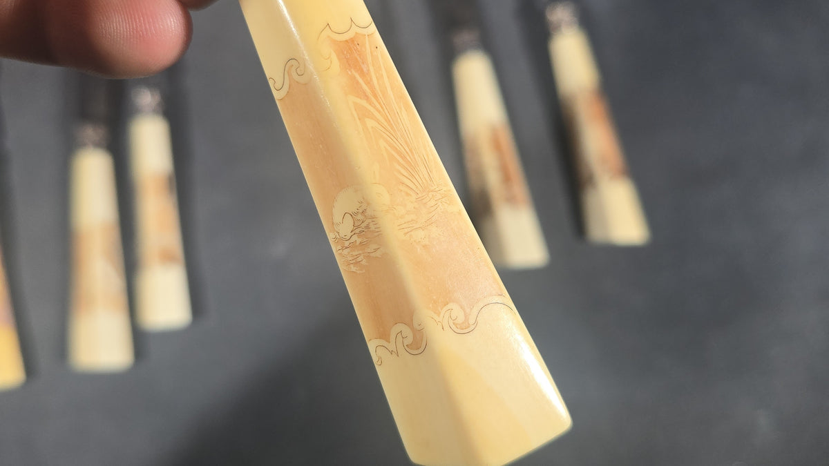 Grouping of Nine Antique Engraved Fish Knives and Forks with Carved Bone Handles Depicting Animals and Landscape Scenes, Marked J.H. Potter, Sheffield
