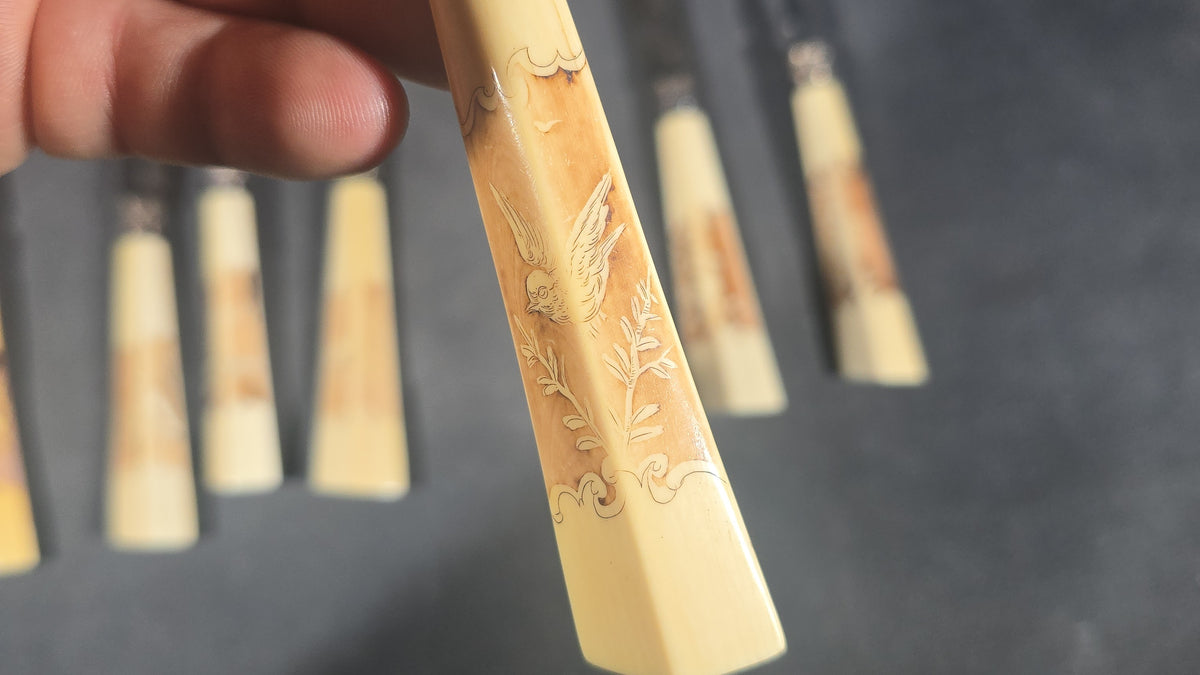 Grouping of Nine Antique Engraved Fish Knives and Forks with Carved Bone Handles Depicting Animals and Landscape Scenes, Marked J.H. Potter, Sheffield