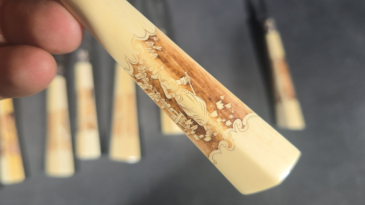 Grouping of Nine Antique Engraved Fish Knives and Forks with Carved Bone Handles Depicting Animals and Landscape Scenes, Marked J.H. Potter, Sheffield