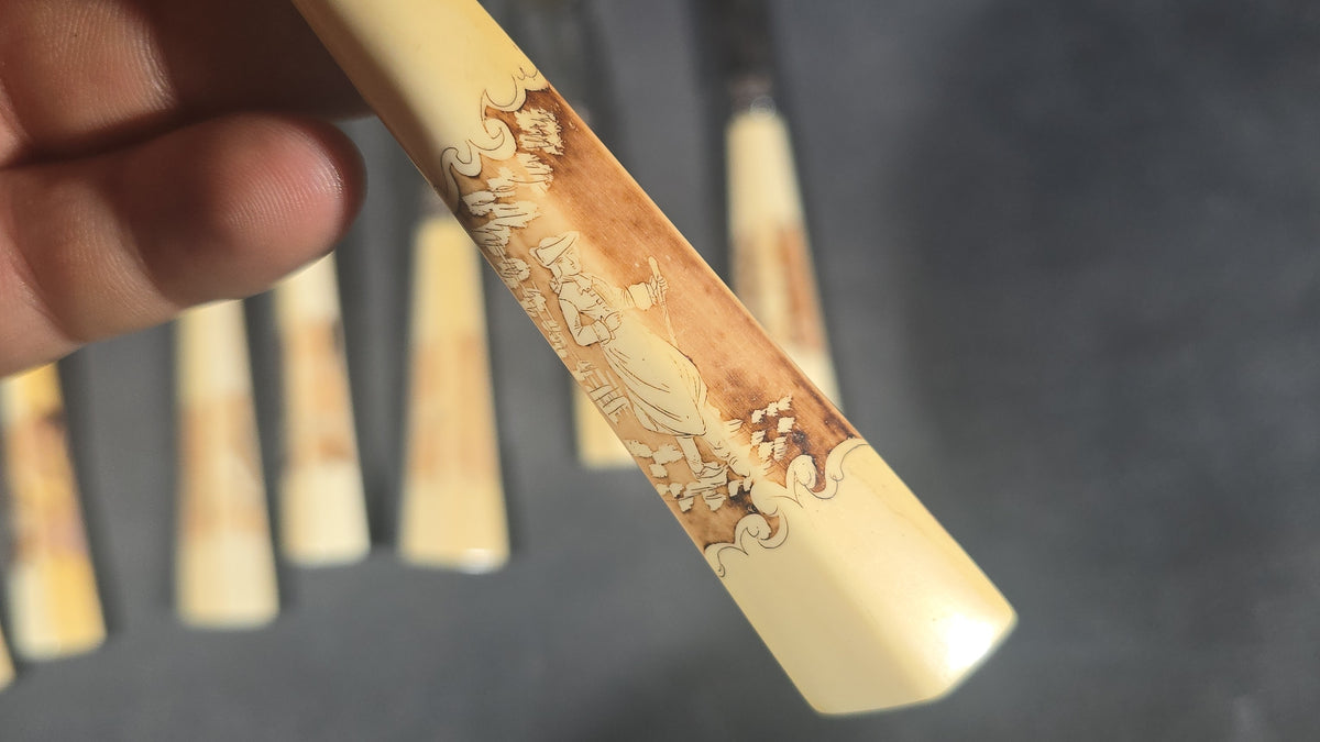 Grouping of Nine Antique Engraved Fish Knives and Forks with Carved Bone Handles Depicting Animals and Landscape Scenes, Marked J.H. Potter, Sheffield