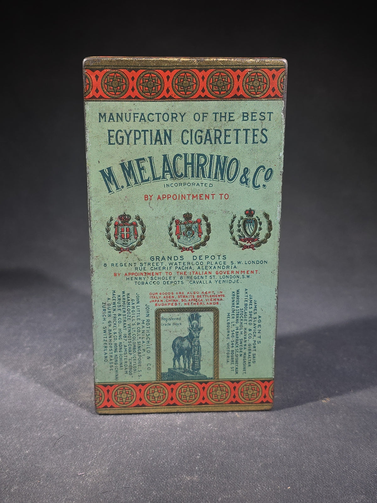 Antique M. Melachrino & Co. Egyptian Cigarettes No. 4 Tin Lithograph 50-Count Cigarette Tin, Cairo, Egypt