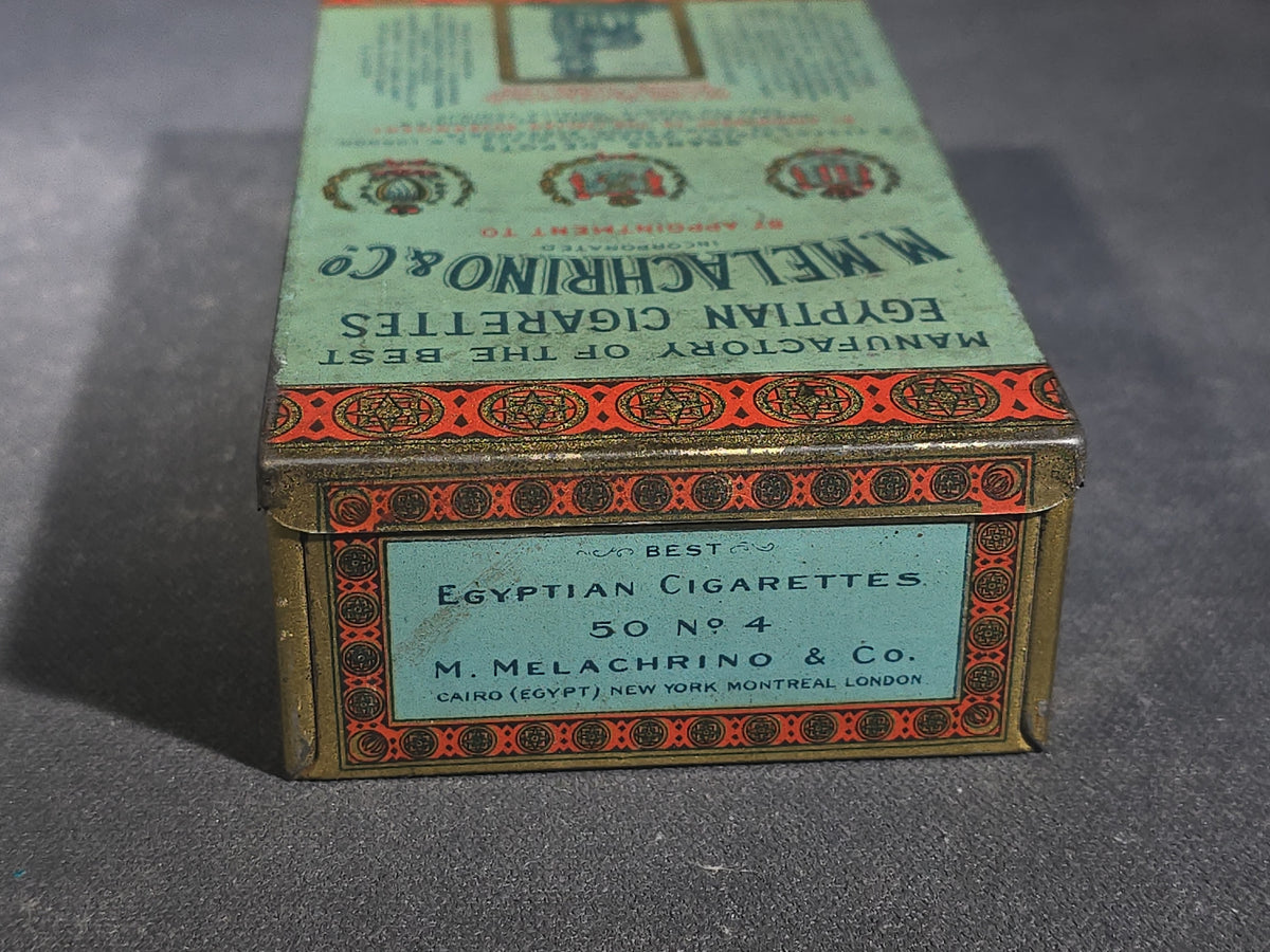 Antique M. Melachrino & Co. Egyptian Cigarettes No. 4 Tin Lithograph 50-Count Cigarette Tin, Cairo, Egypt