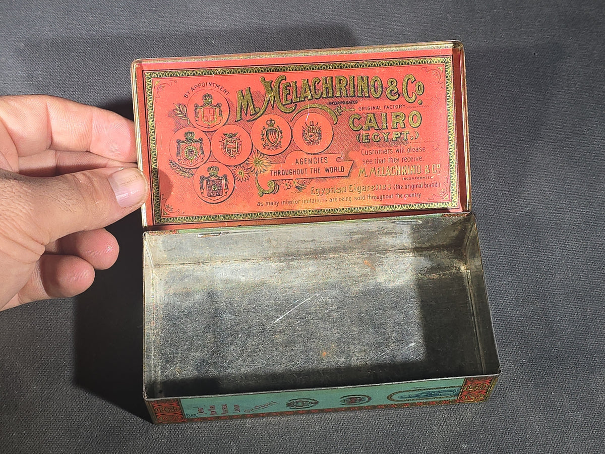 Antique M. Melachrino & Co. Egyptian Cigarettes No. 4 Tin Lithograph 50-Count Cigarette Tin, Cairo, Egypt