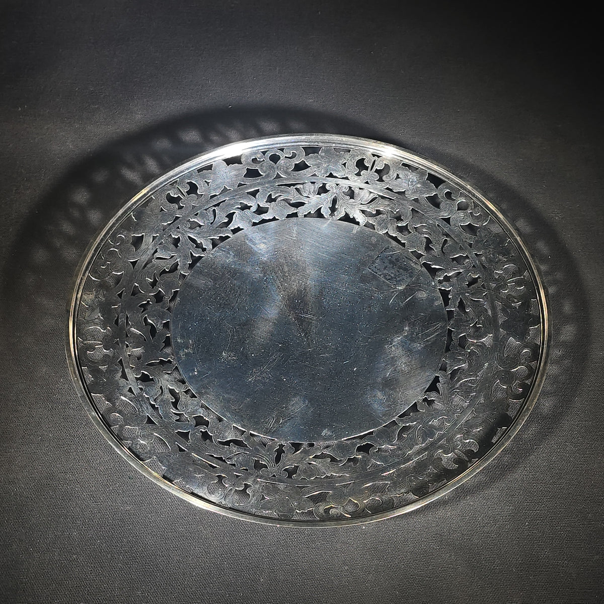 Sterling Silver Pierced Serving Plate with Scrolling Foliate Border