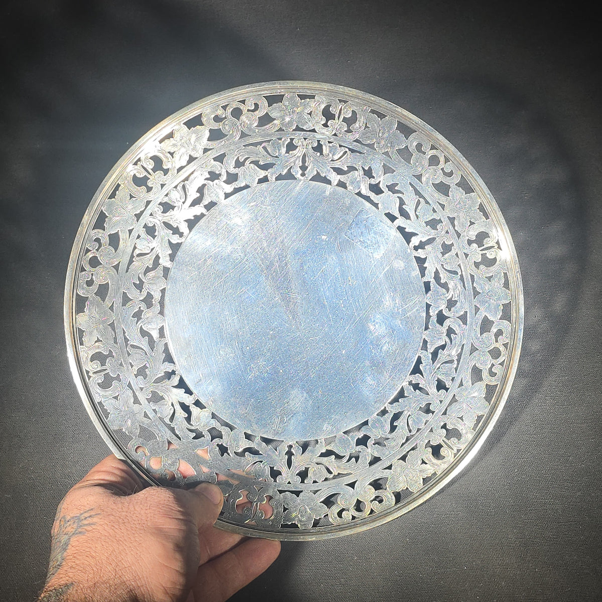Sterling Silver Pierced Serving Plate with Scrolling Foliate Border
