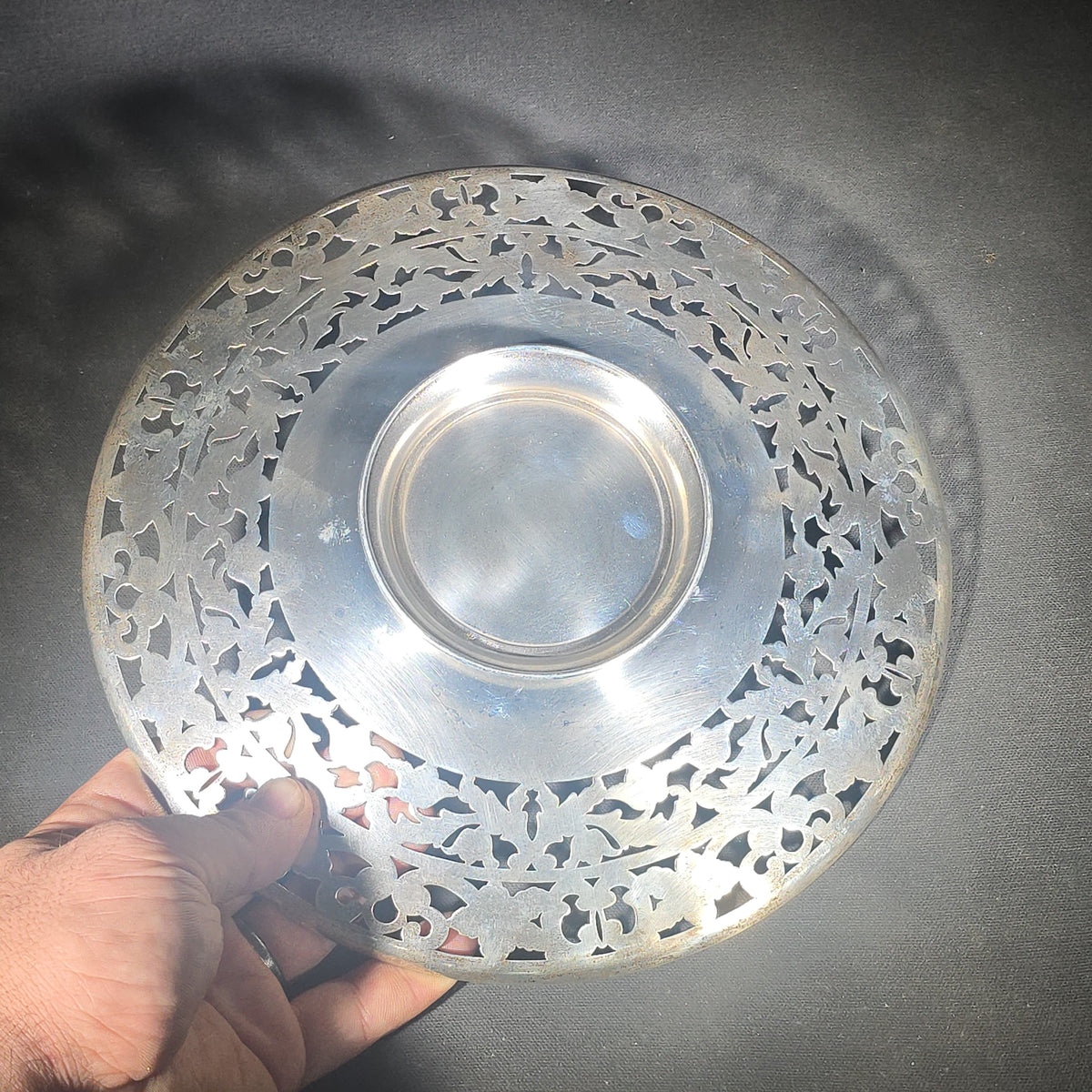 Sterling Silver Pierced Serving Plate with Scrolling Foliate Border