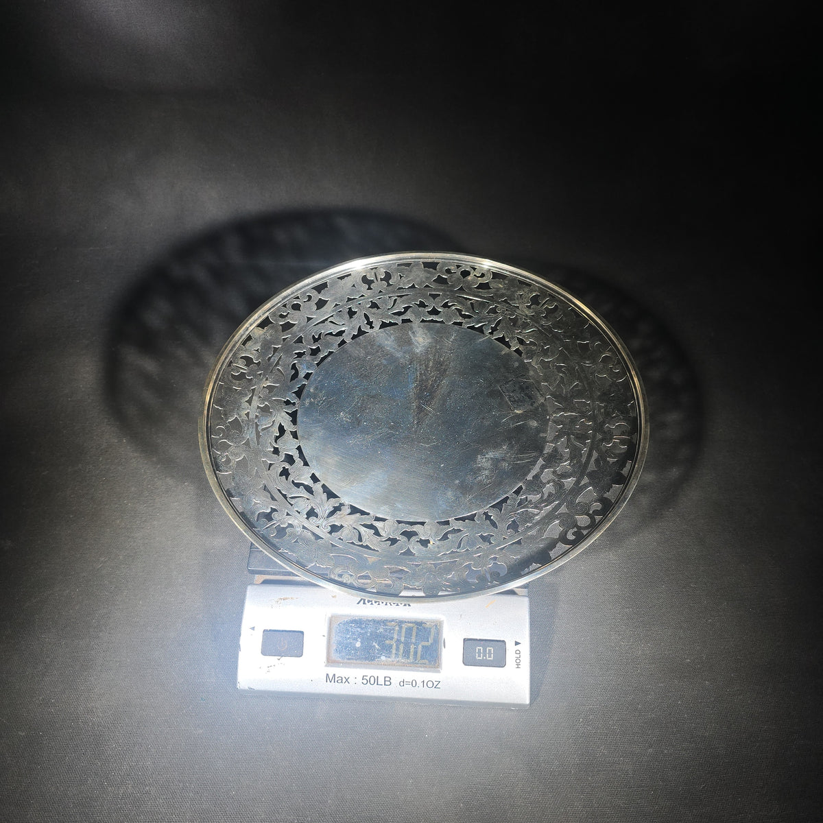 Sterling Silver Pierced Serving Plate with Scrolling Foliate Border