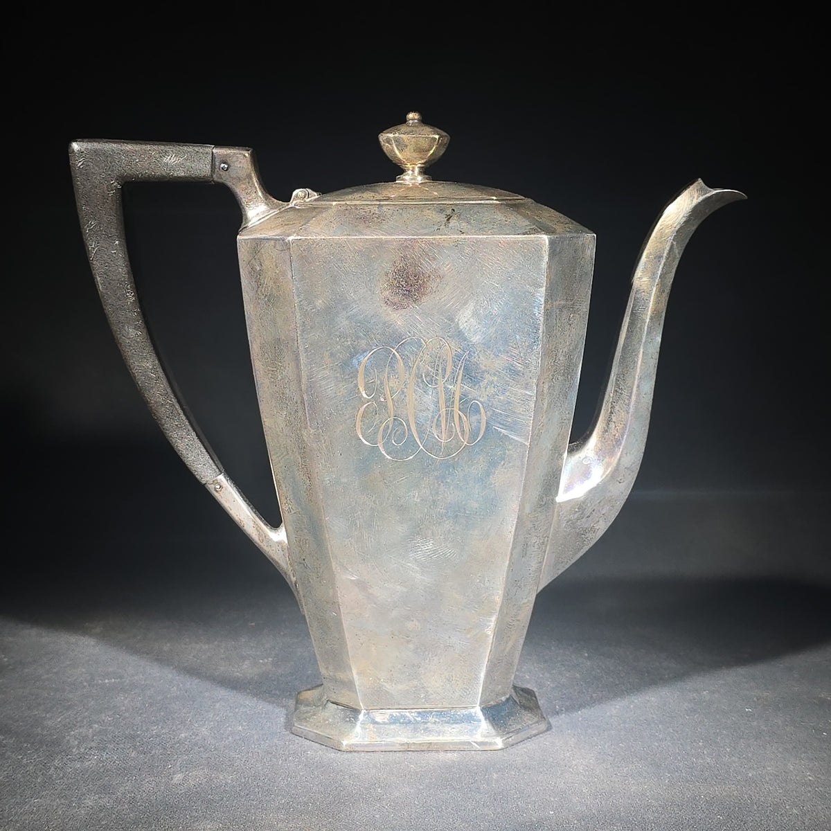 Sterling Silver Monogrammed Coffee Pot with Wooden Handle, Bigelow, Kennard & Co., Boston, Massachusetts