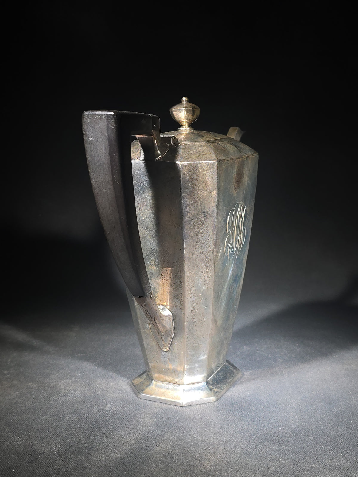 Sterling Silver Monogrammed Coffee Pot with Wooden Handle, Bigelow, Kennard & Co., Boston, Massachusetts