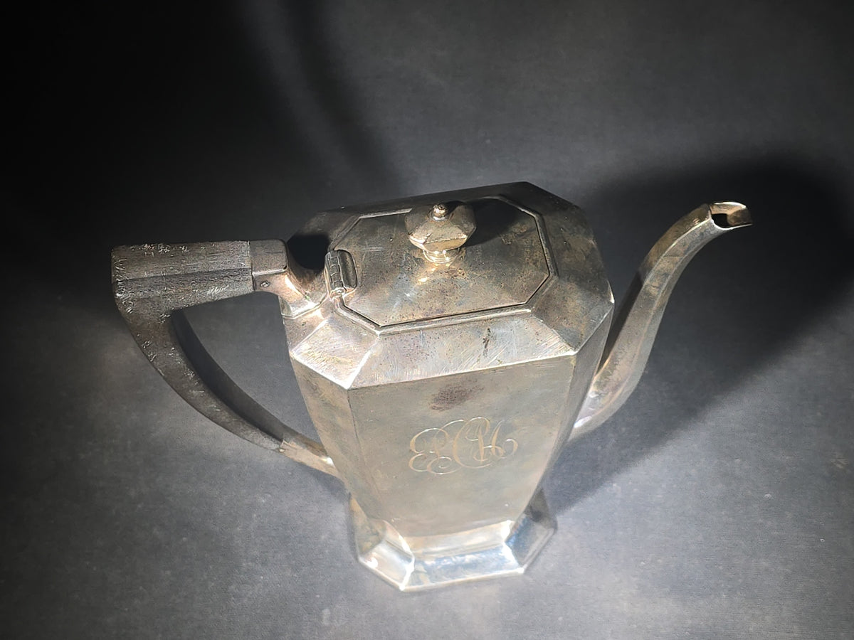 Sterling Silver Monogrammed Coffee Pot with Wooden Handle, Bigelow, Kennard & Co., Boston, Massachusetts