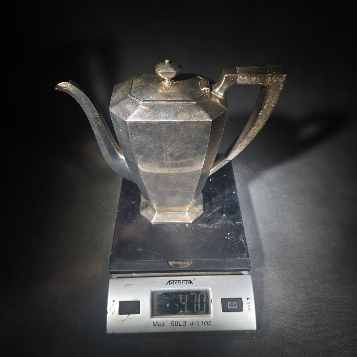 Sterling Silver Monogrammed Coffee Pot with Wooden Handle, Bigelow, Kennard & Co., Boston, Massachusetts