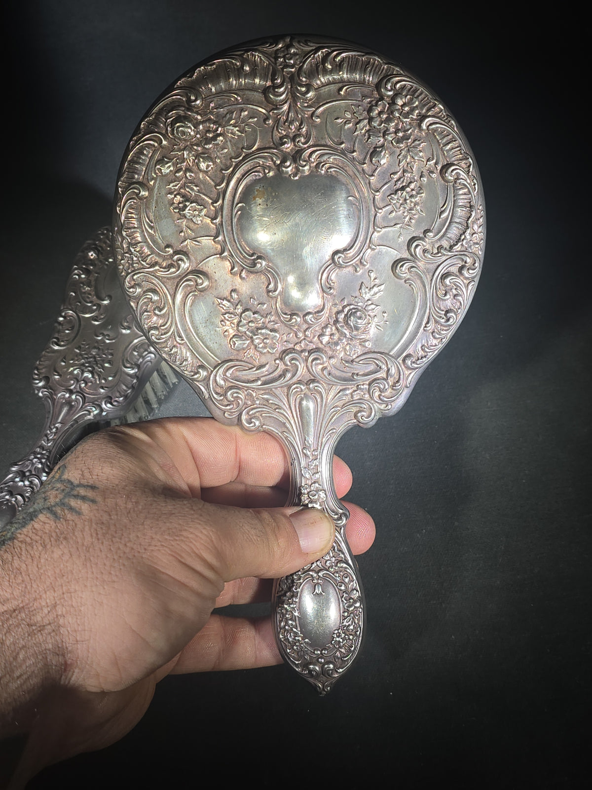 Antique Sterling Silver Dresser Set with Hand Mirror and Hair Brush, Monogrammed "Janine"