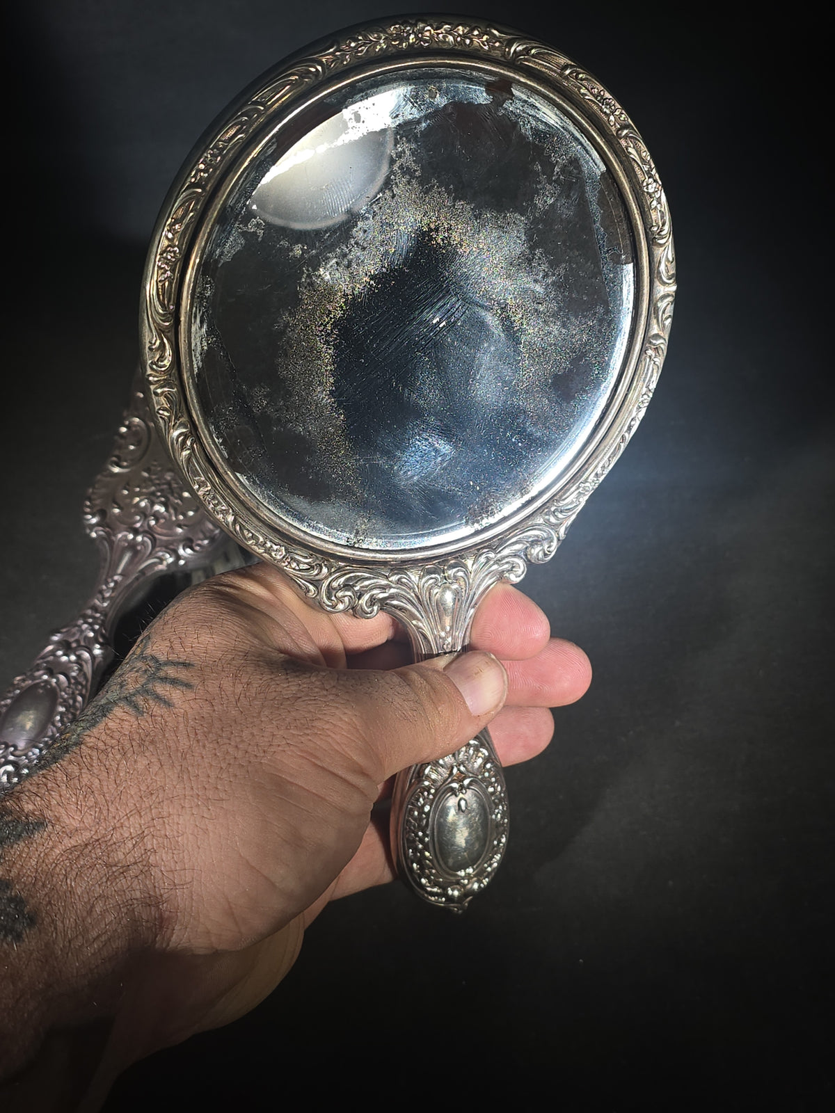 Antique Sterling Silver Dresser Set with Hand Mirror and Hair Brush, Monogrammed "Janine"