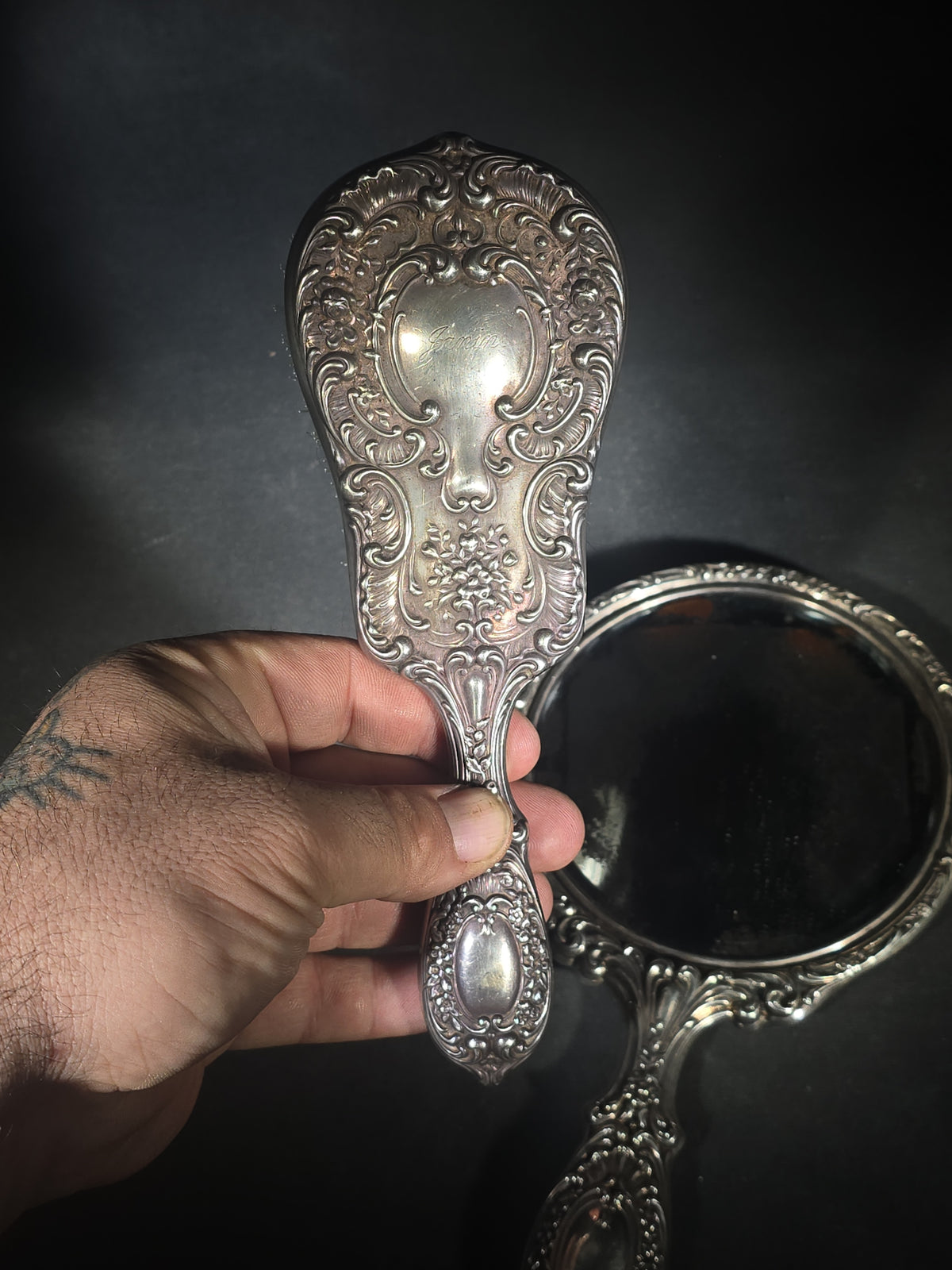 Antique Sterling Silver Dresser Set with Hand Mirror and Hair Brush, Monogrammed "Janine"
