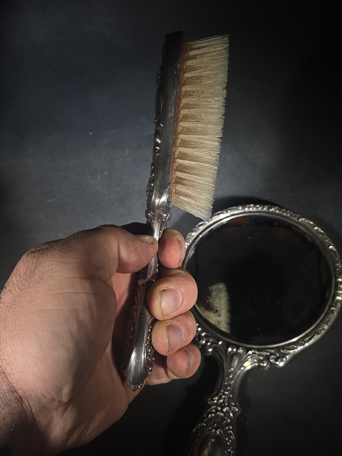 Antique Sterling Silver Dresser Set with Hand Mirror and Hair Brush, Monogrammed "Janine"