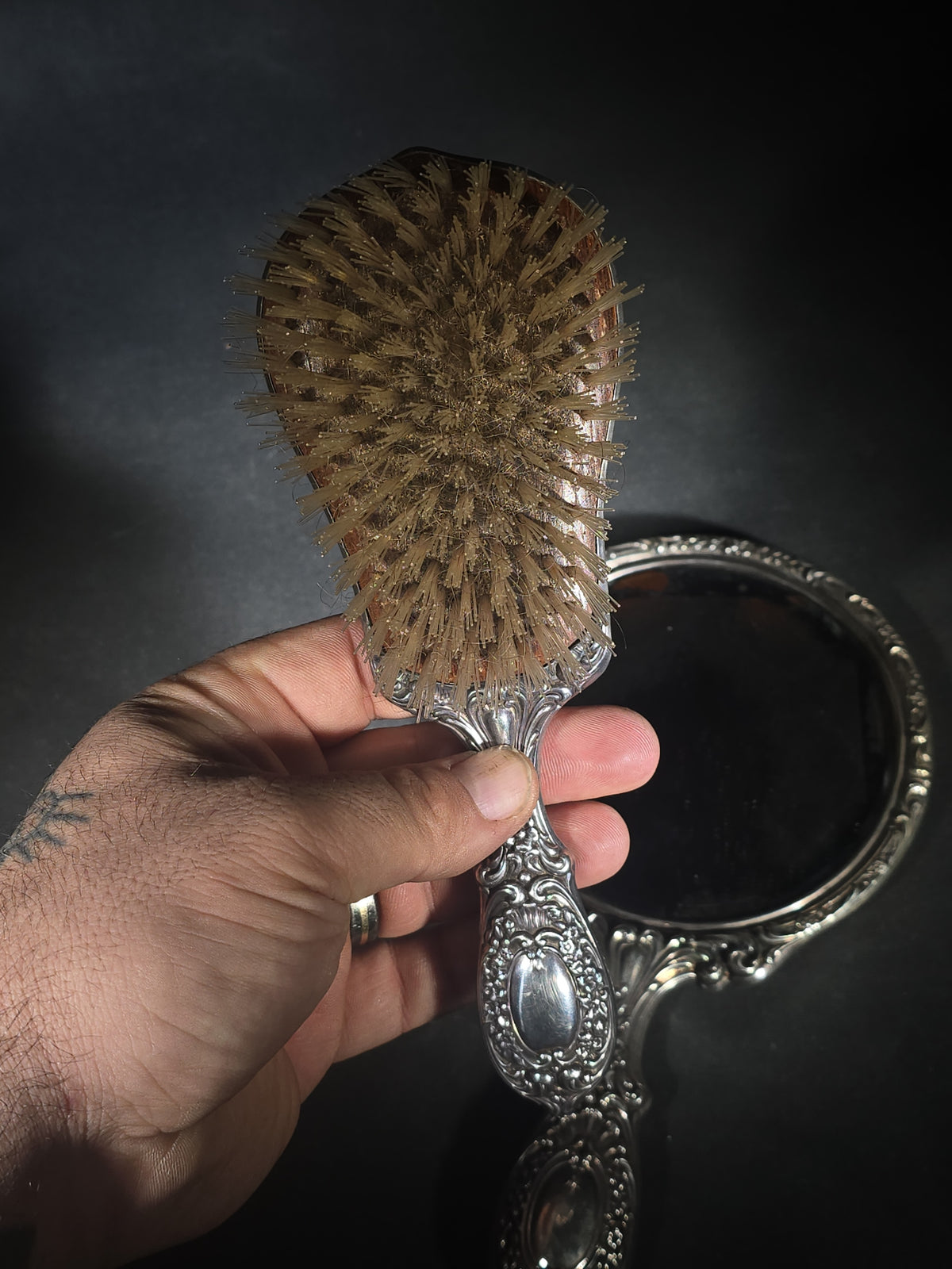 Antique Sterling Silver Dresser Set with Hand Mirror and Hair Brush, Monogrammed "Janine"