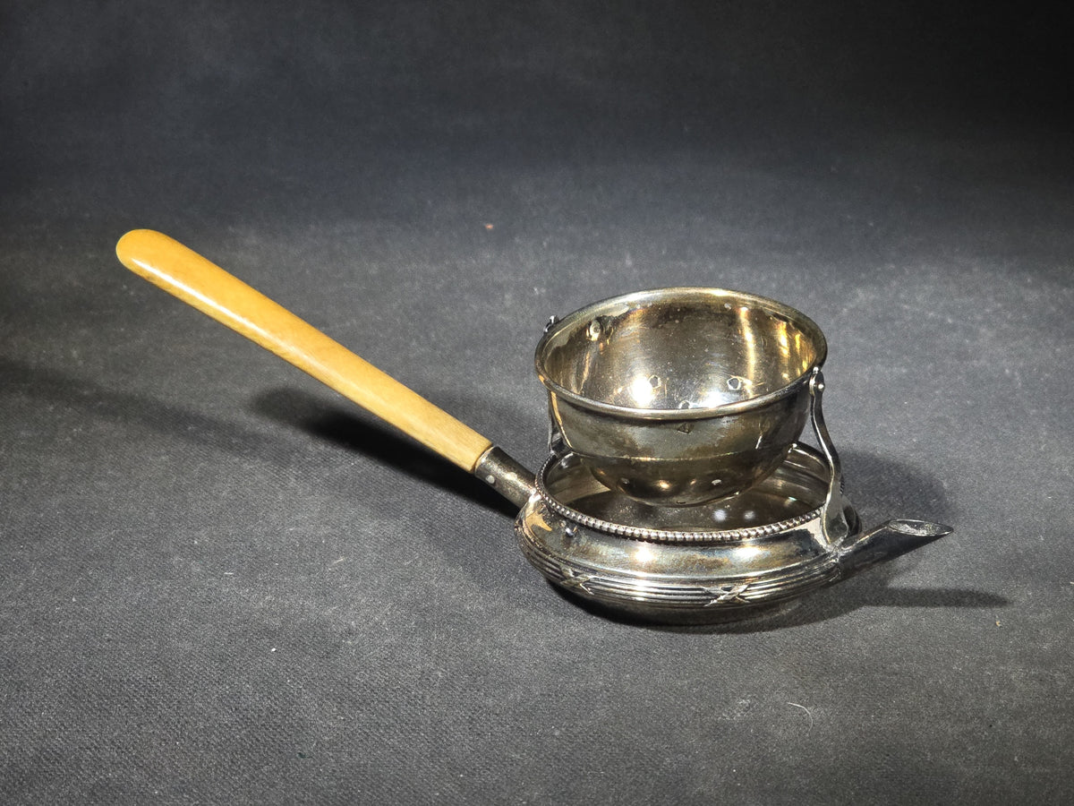 Antique Sterling Silver Tea Strainer with Drip Bowl and Bone Handle, Marked Tiffany & Co., France