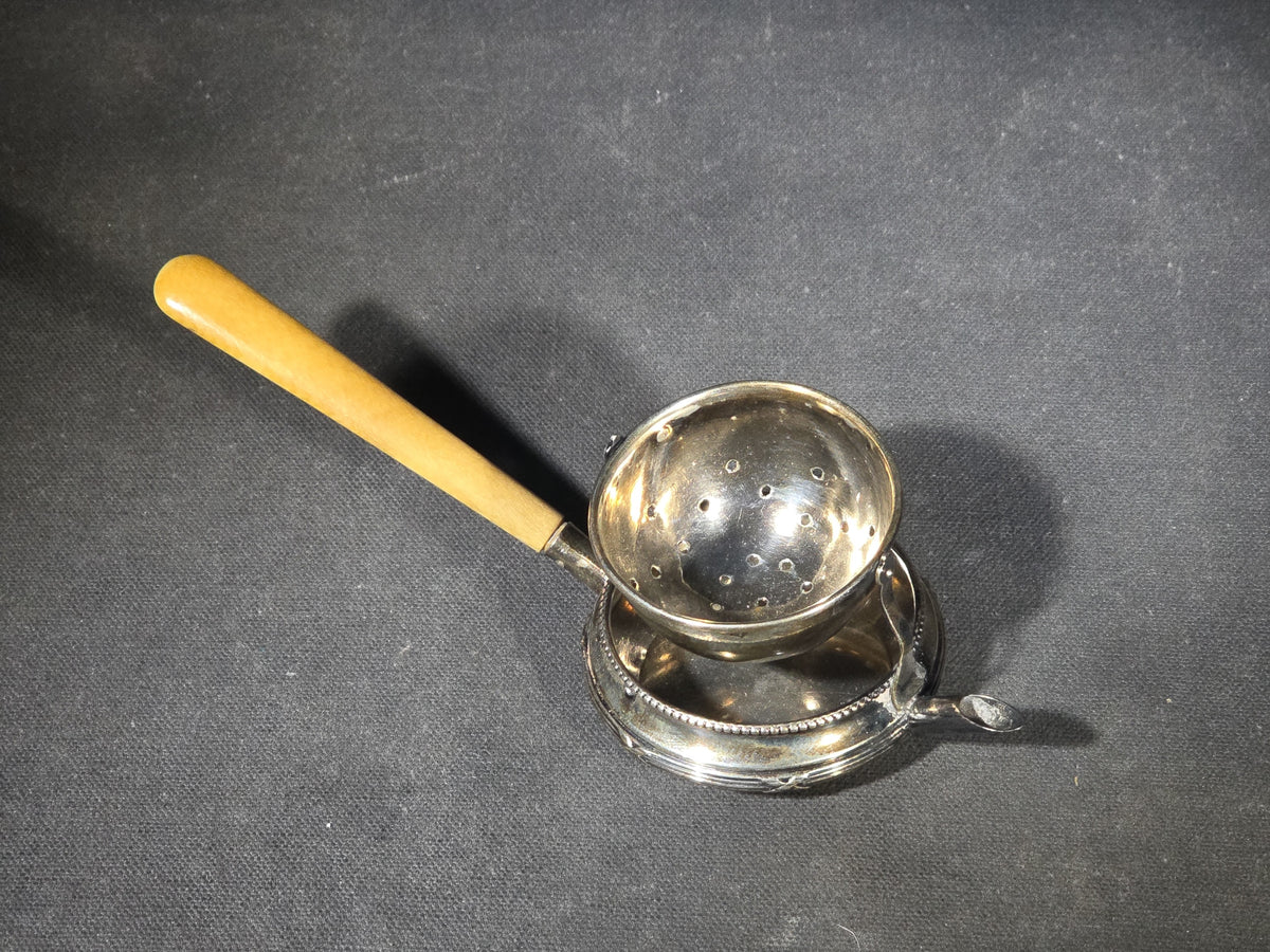 Antique Sterling Silver Tea Strainer with Drip Bowl and Bone Handle, Marked Tiffany & Co., France