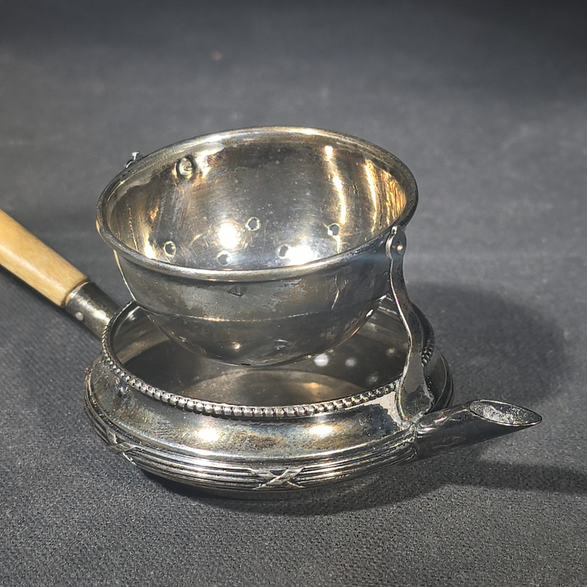 Antique Sterling Silver Tea Strainer with Drip Bowl and Bone Handle, Marked Tiffany & Co., France