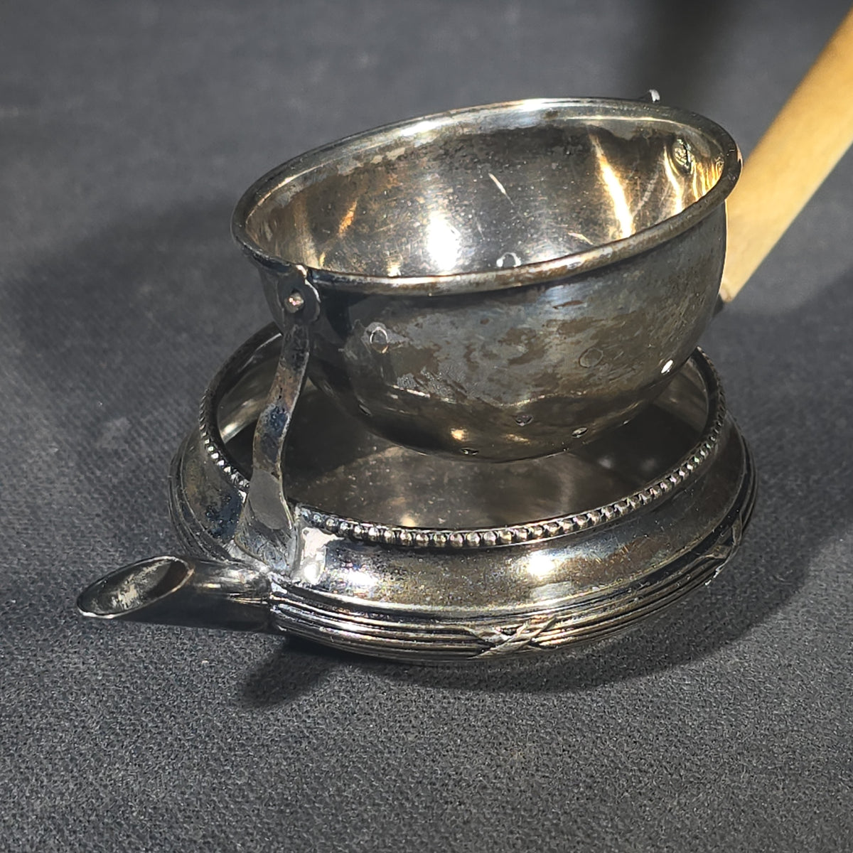 Antique Sterling Silver Tea Strainer with Drip Bowl and Bone Handle, Marked Tiffany & Co., France