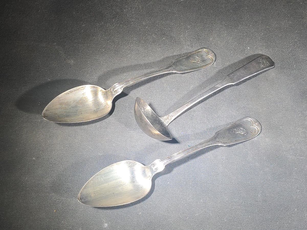 Trio of Antique Sterling Silver Flatware Pieces including Two Fiddle-Thread Tablespoons Monogrammed "P" and a Coffin-End Sauce Ladle Monogrammed "C.A.F."
