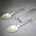 Lot 050 - Trio of Antique Sterling Silver Flatware Pieces Including Two Fiddle-Thread Tablespoons Monogrammed "P" And a Coffin-End Sauce Ladle Monogrammed "C.A.F.", Weight 156 g