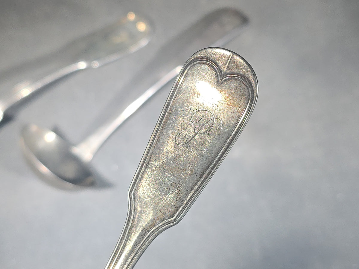 Trio of Antique Sterling Silver Flatware Pieces including Two Fiddle-Thread Tablespoons Monogrammed "P" and a Coffin-End Sauce Ladle Monogrammed "C.A.F."