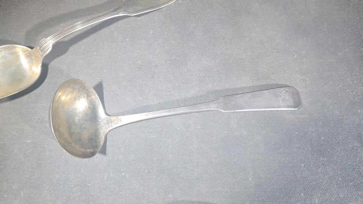 Trio of Antique Sterling Silver Flatware Pieces including Two Fiddle-Thread Tablespoons Monogrammed "P" and a Coffin-End Sauce Ladle Monogrammed "C.A.F."
