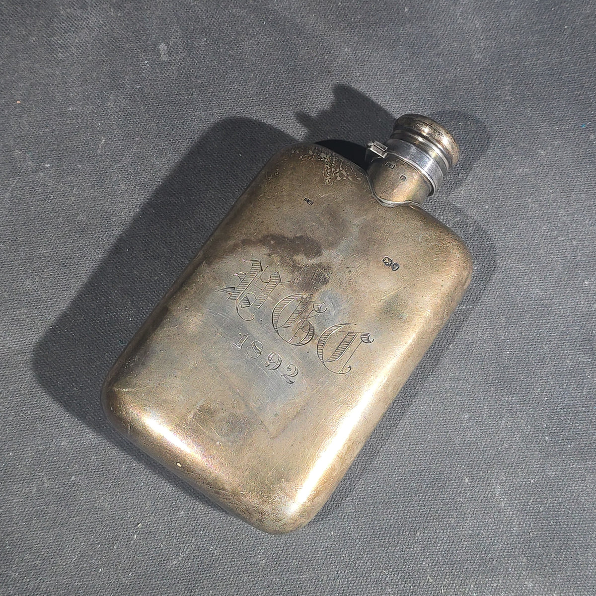 Sterling Silver Pocket Flask with Engraved Old English Monogram and Date 1892, British Hallmarks with Lion Passant