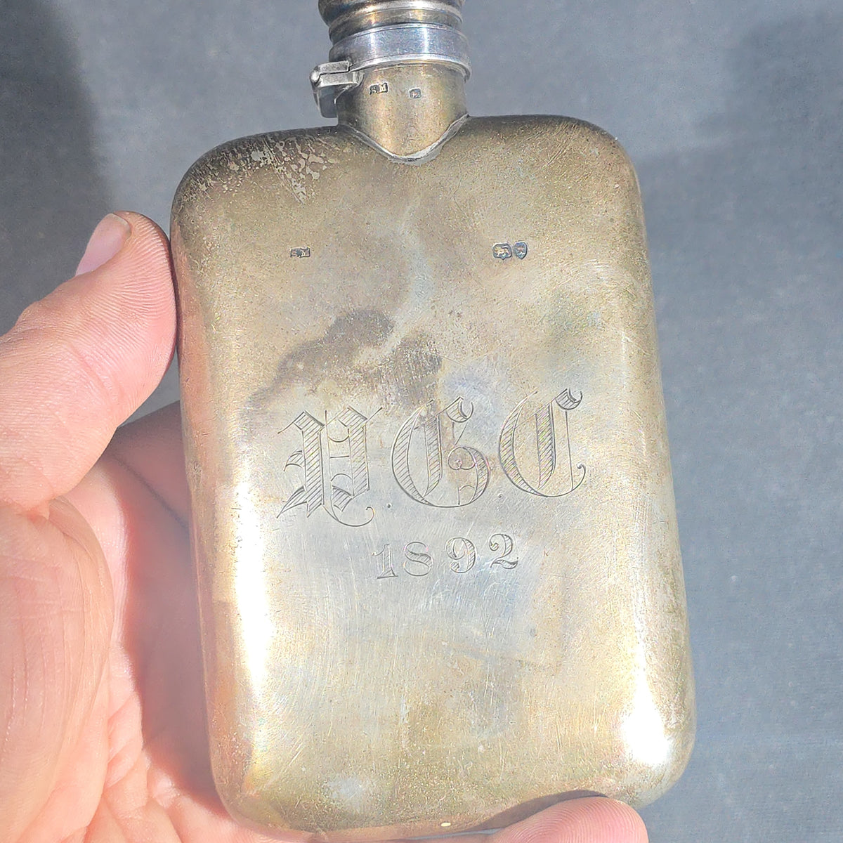 Sterling Silver Pocket Flask with Engraved Old English Monogram and Date 1892, British Hallmarks with Lion Passant