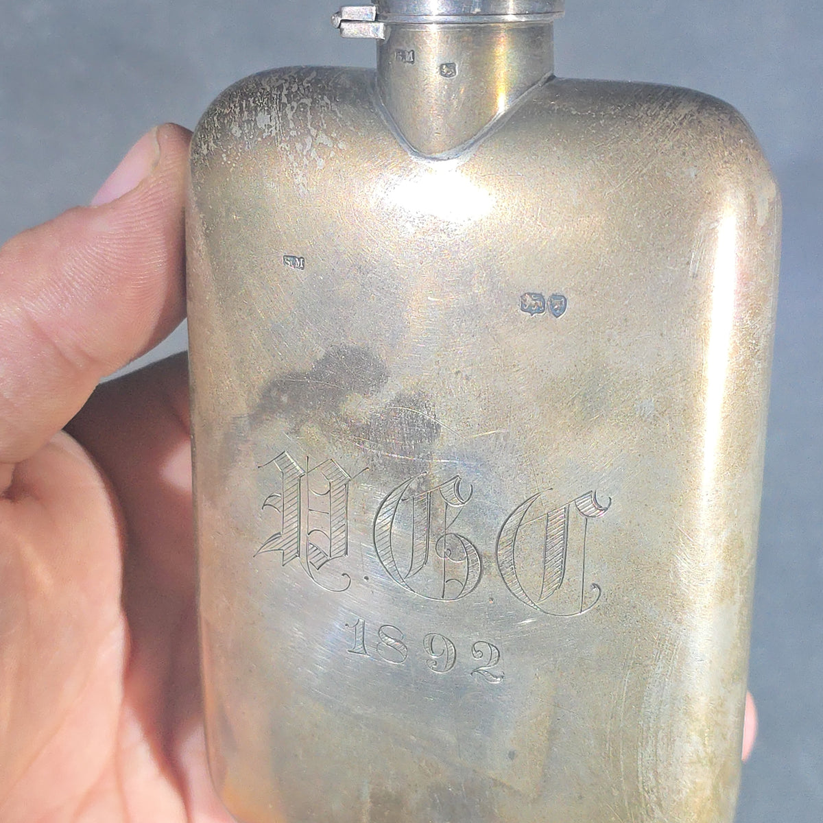 Sterling Silver Pocket Flask with Engraved Old English Monogram and Date 1892, British Hallmarks with Lion Passant