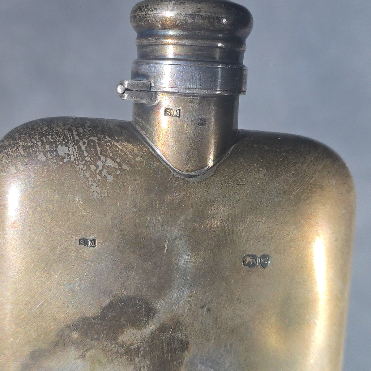 Sterling Silver Pocket Flask with Engraved Old English Monogram and Date 1892, British Hallmarks with Lion Passant