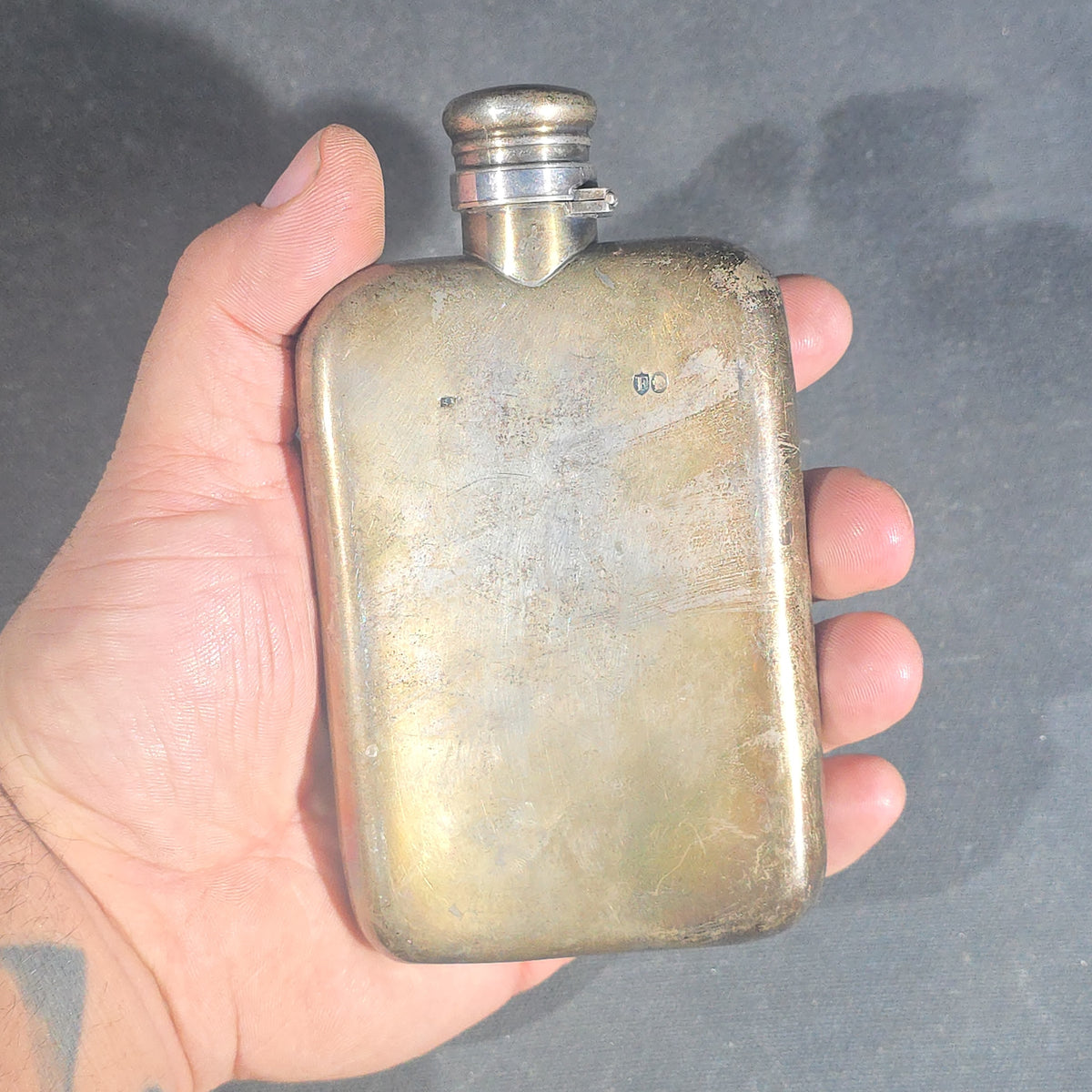 Sterling Silver Pocket Flask with Engraved Old English Monogram and Date 1892, British Hallmarks with Lion Passant