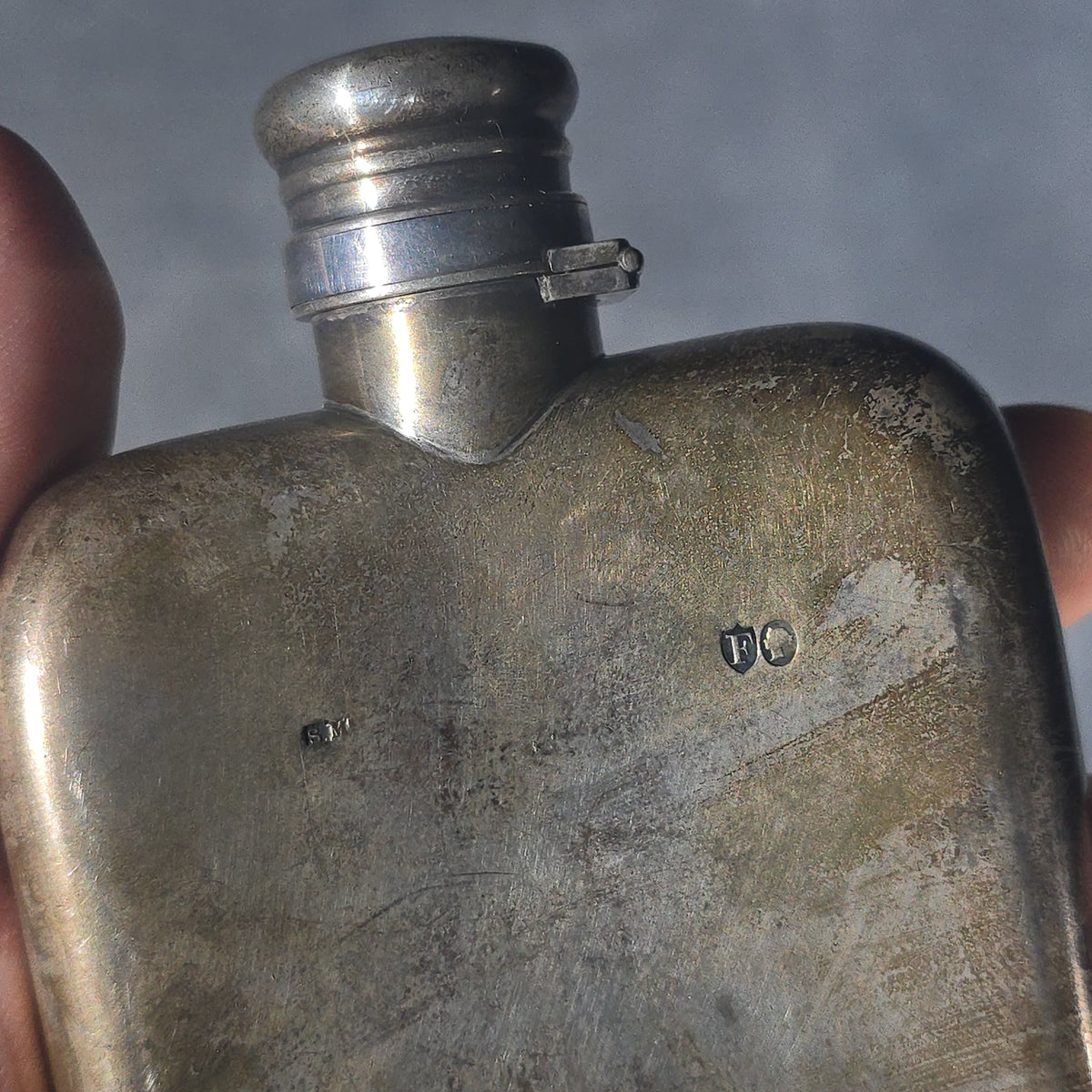 Sterling Silver Pocket Flask with Engraved Old English Monogram and Date 1892, British Hallmarks with Lion Passant