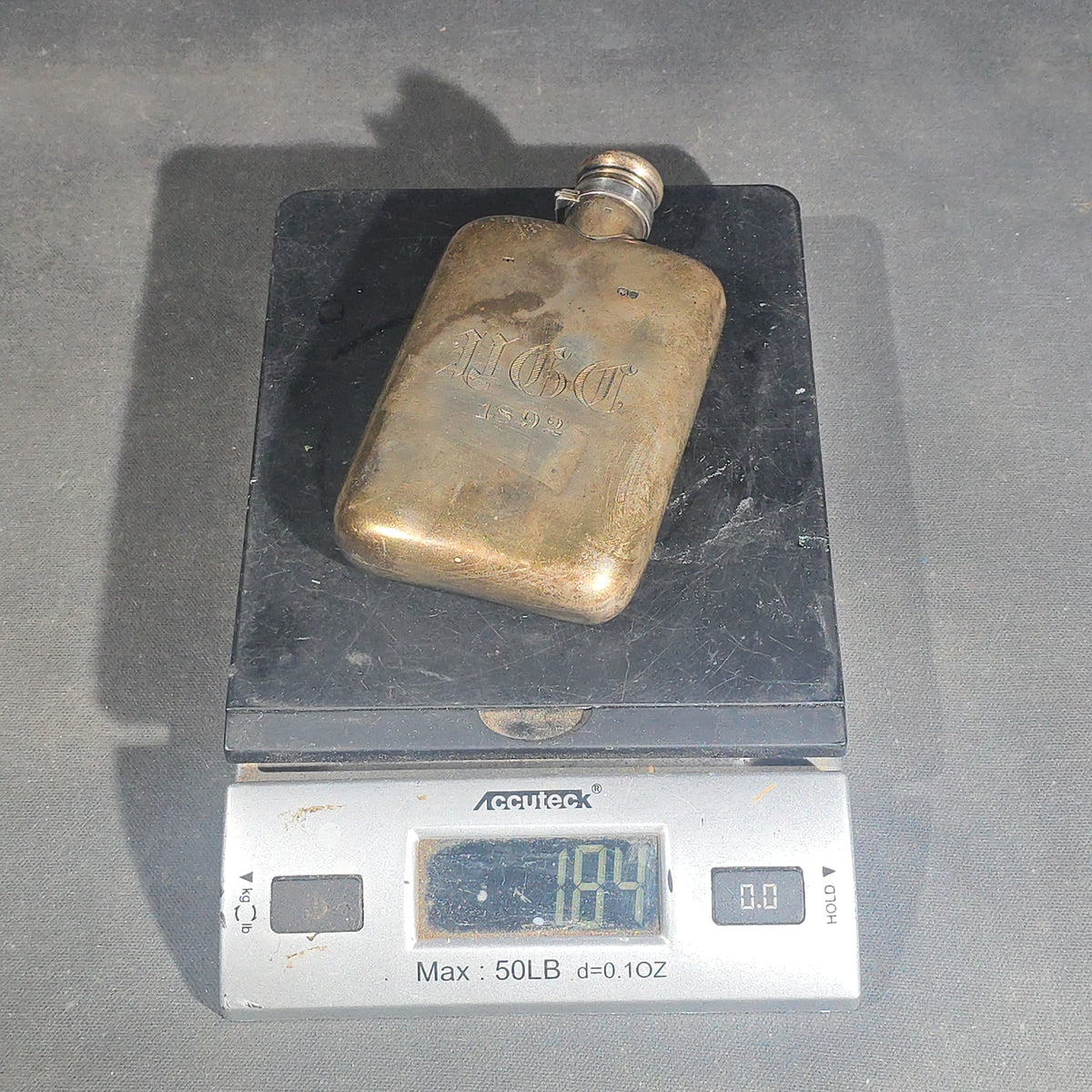 Sterling Silver Pocket Flask with Engraved Old English Monogram and Date 1892, British Hallmarks with Lion Passant