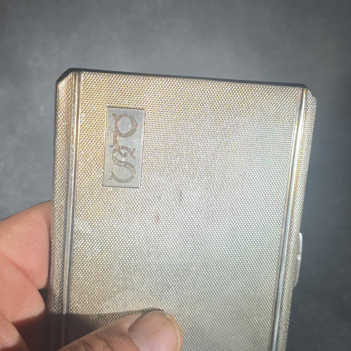 Antique English Sterling Silver Cigarette Case with Gilt Interior, Engine-Turned Barleycorn Pattern, "P S" Monogram, Hallmarked with Lion Passant, Stamped "Importe D'Angleterre" and "Nice"