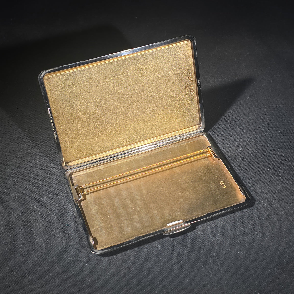 Antique English Sterling Silver Cigarette Case with Gilt Interior, Engine-Turned Barleycorn Pattern, "P S" Monogram, Hallmarked with Lion Passant, Stamped "Importe D'Angleterre" and "Nice"