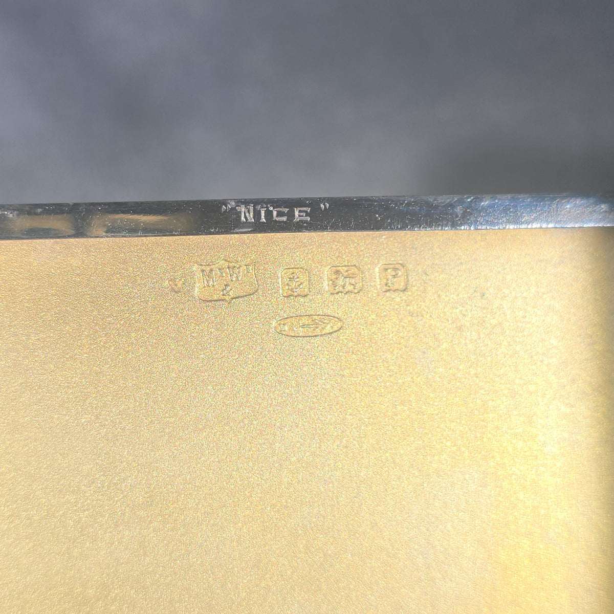 Antique English Sterling Silver Cigarette Case with Gilt Interior, Engine-Turned Barleycorn Pattern, "P S" Monogram, Hallmarked with Lion Passant, Stamped "Importe D'Angleterre" and "Nice"