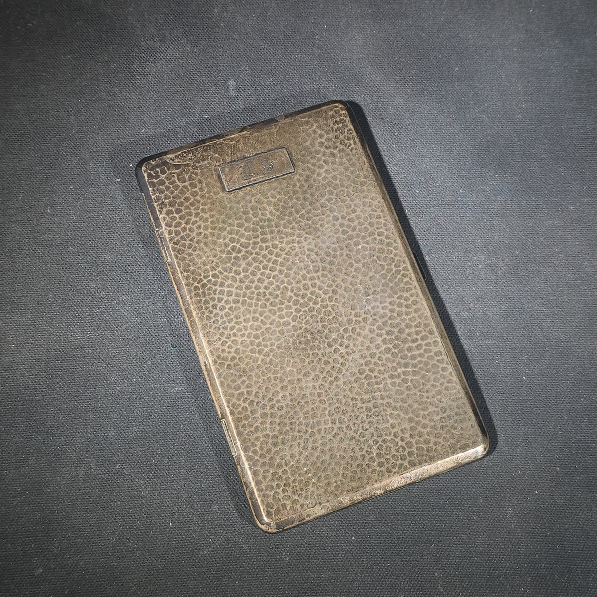 Antique Sterling Silver Hammered Cigarette Case with Old English "J.S." Monogram, Manufactured by W. & H. Co., Patent Applied For